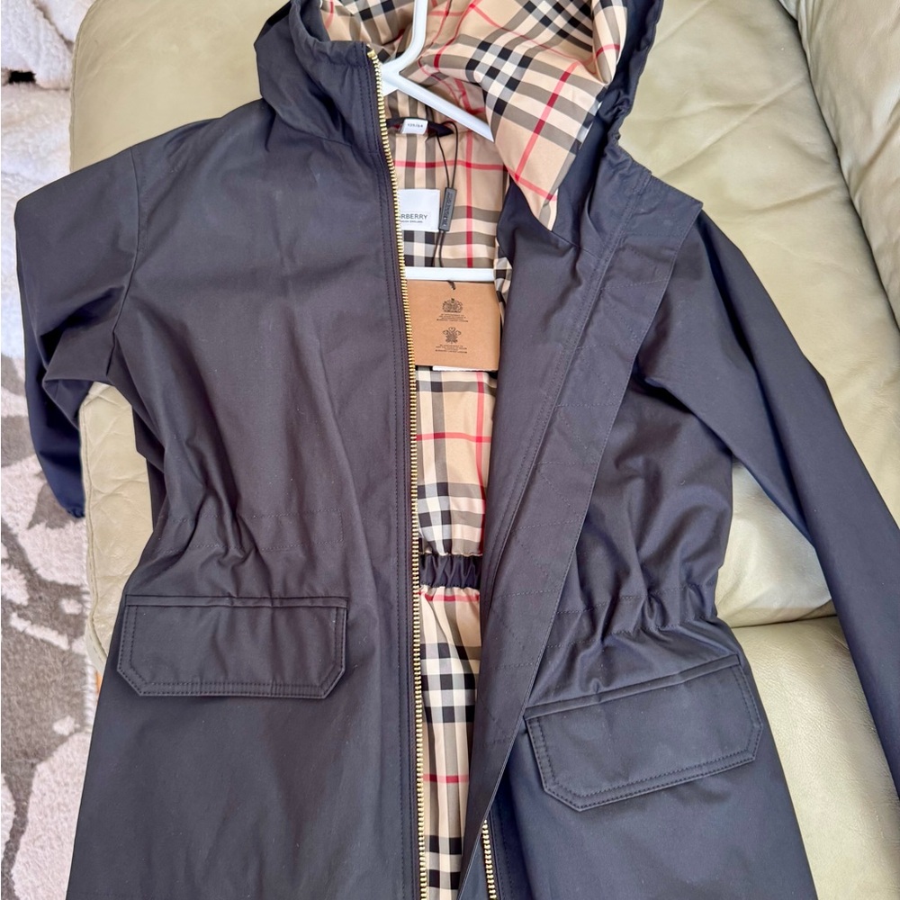 NWT Burberry Black Trench Coat with Classic Check Lining, Kids Size 8